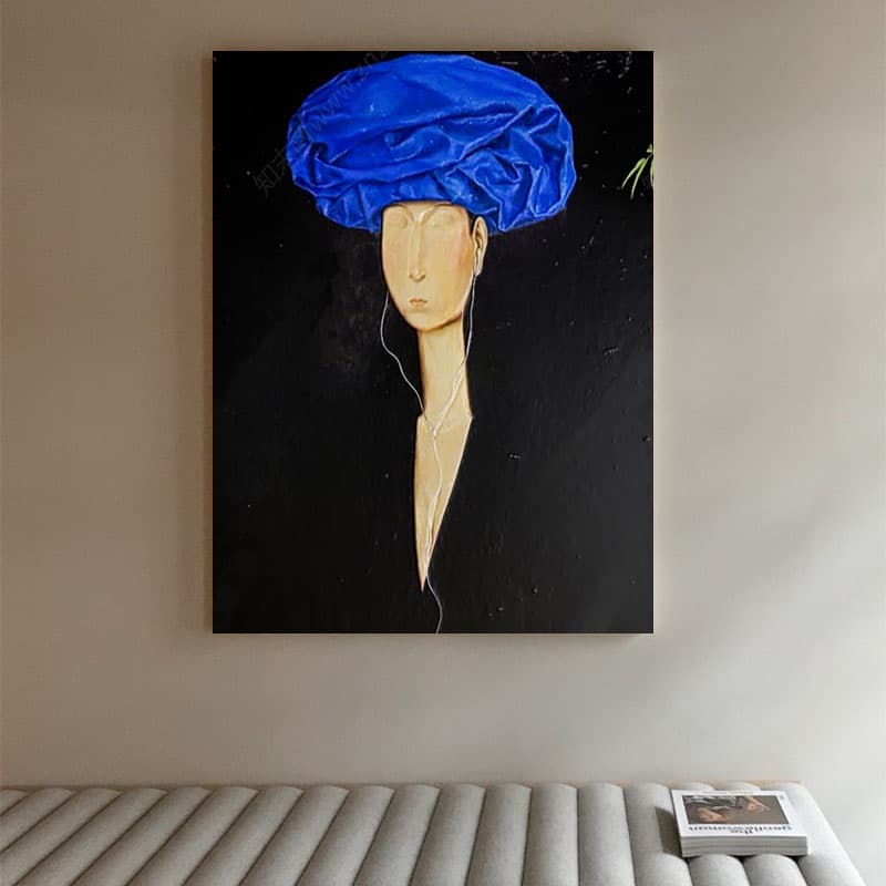 Large abstract painting of black simple characters