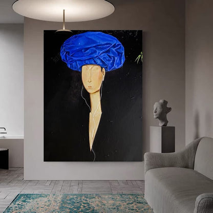 Large abstract painting of black simple characters