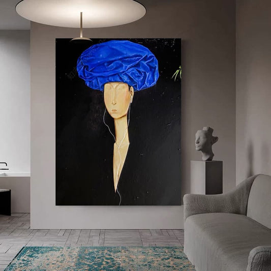 Large abstract painting of black simple characters