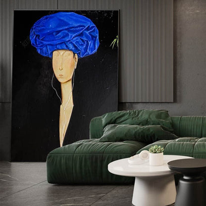 Large abstract painting of black simple characters