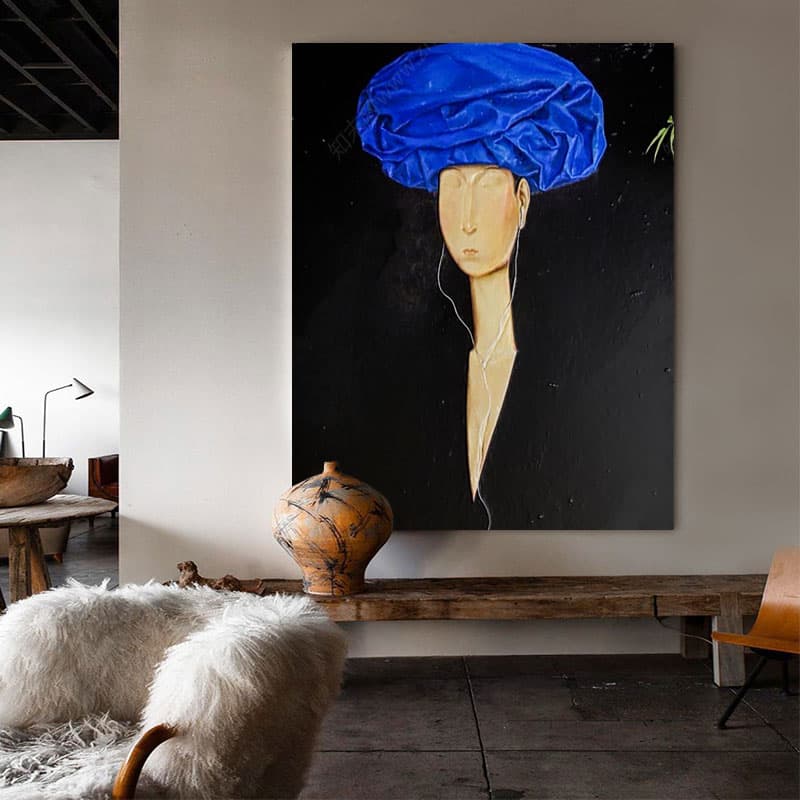 Large abstract painting of black simple characters